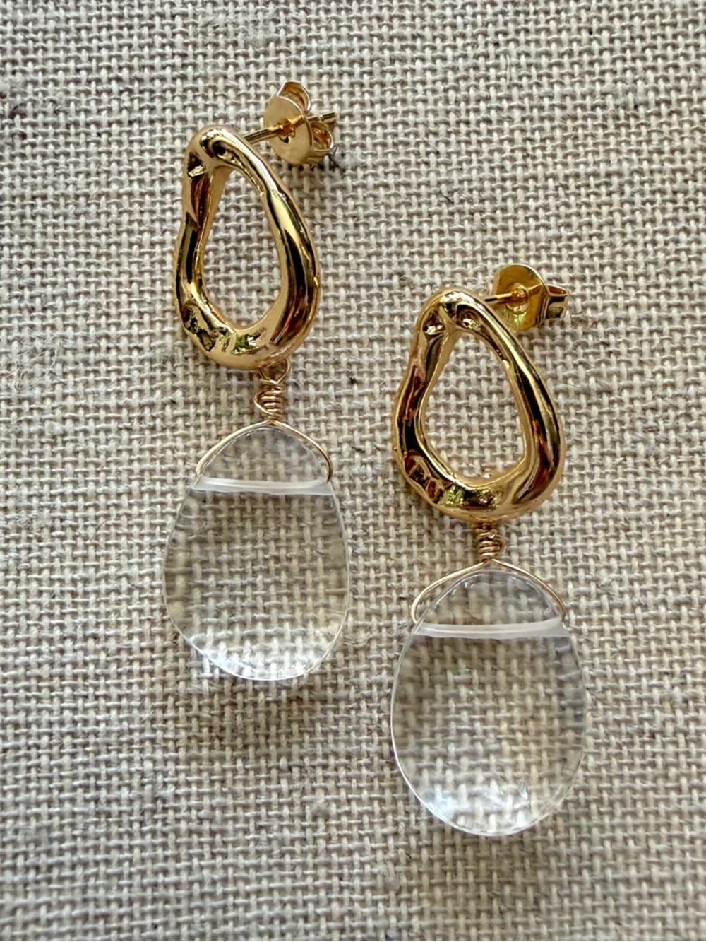Gold Teardrop Hoop Earrings with Genuine Clear Crystal Minimalist Drops